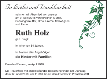 Traueranzeige von Ruth Holz von Prenzlauer Zeitung