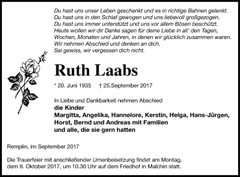 Traueranzeige von Ruth Laabs von Mecklenburger Schweiz