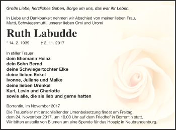 Traueranzeige von Ruth Labudde von Demminer Zeitung