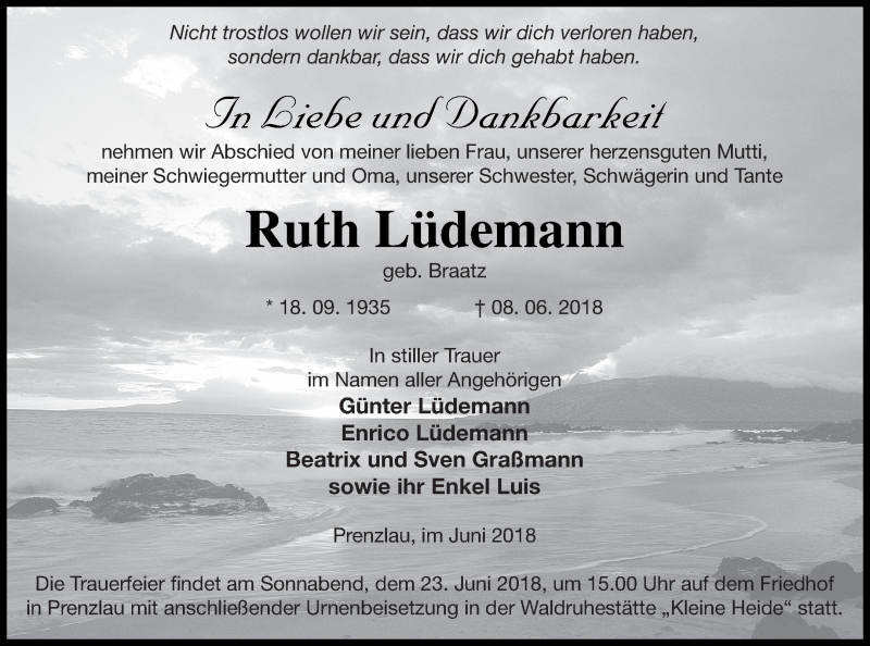  Traueranzeige für Ruth Lüdemann vom 15.06.2018 aus Prenzlauer Zeitung