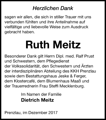 Traueranzeige von Ruth Meitz von Prenzlauer Zeitung