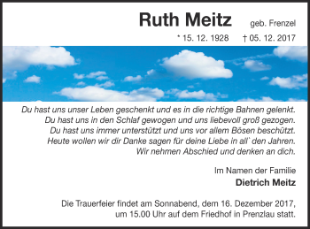 Traueranzeige von Ruth Meitz von Prenzlauer Zeitung