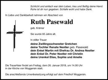 Traueranzeige von Ruth Pasewald von Haff-Zeitung