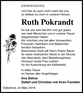 Traueranzeige von Ruth Pokrandt von Vorpommern Kurier