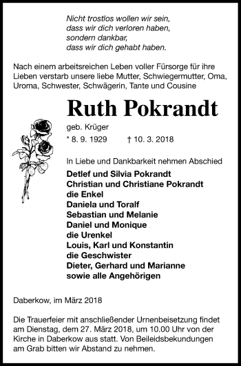 Traueranzeige von Ruth Pokrandt von Vorpommern Kurier