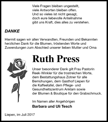 Traueranzeige von Ruth Press von Vorpommern Kurier