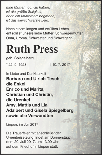 Traueranzeige von Ruth Press von Vorpommern Kurier