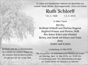 Traueranzeige von Ruth Schlorff von Demminer Zeitung