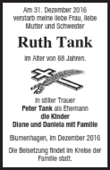 Traueranzeige von Ruth Tank von Pasewalker Zeitung