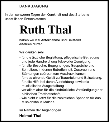Traueranzeige von Ruth Thal von Mecklenburger Schweiz