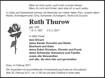 Traueranzeige von Ruth Thurow von Vorpommern Kurier