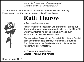 Traueranzeige von Ruth Thurow von Vorpommern Kurier