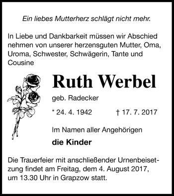 Traueranzeige von Ruth Werbel von Neubrandenburger Zeitung