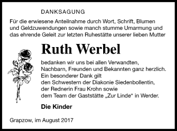 Traueranzeige von Ruth Werbel von Neubrandenburger Zeitung