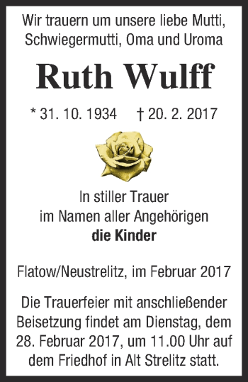 Traueranzeige von Ruth Wulff von Strelitzer Zeitung