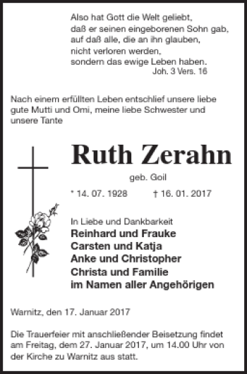 Traueranzeige von Ruth Zerahn von Prenzlauer Zeitung