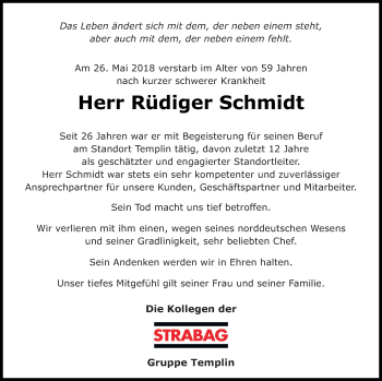 Traueranzeige von Rüdiger Schmidt von Templiner Zeitung