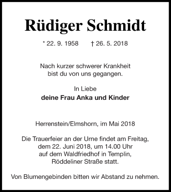 Traueranzeige von Rüdiger Schmidt von Templiner Zeitung