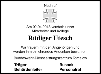 Traueranzeige von Rüdiger Utesch von Pasewalker Zeitung