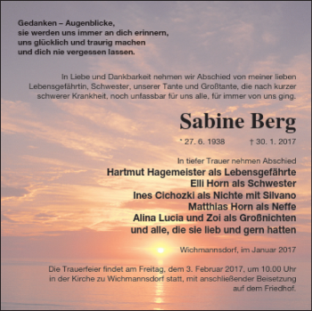 Traueranzeige von Sabine Berg von Templiner Zeitung