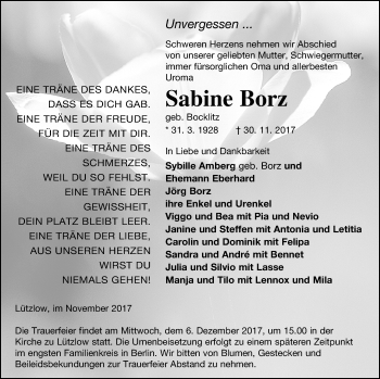 Traueranzeige von Sabine Borz von Prenzlauer Zeitung