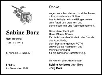 Traueranzeige von Sabine Borz von Prenzlauer Zeitung