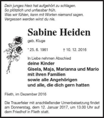 Traueranzeige von Sabine Heiden von Templiner Zeitung