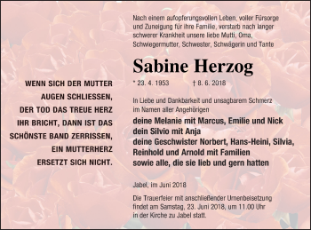 Traueranzeige von Sabine Herzog von Müritz-Zeitung