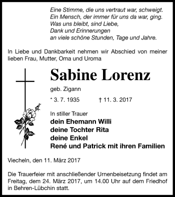 Traueranzeige von Sabine Lorenz von Mecklenburger Schweiz