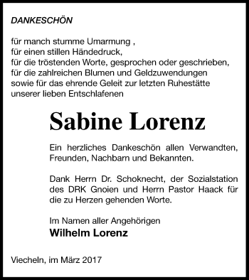 Traueranzeige von Sabine Lorenz von Mecklenburger Schweiz