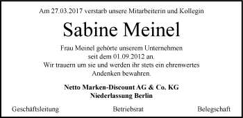 Traueranzeige von Sabine Meinel von Müritz-Zeitung