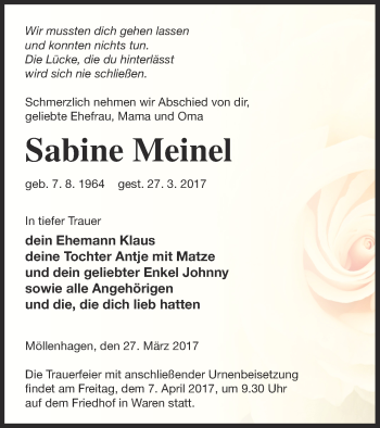 Traueranzeige von Sabine Meinel von Müritz-Zeitung