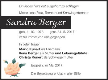 Traueranzeige von Sandra Berger von Haff-Zeitung