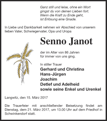 Traueranzeige von Senno Janot von Mecklenburger Schweiz