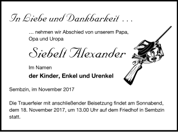 Traueranzeige von Siebelt Alexander von Müritz-Zeitung