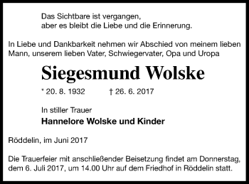 Traueranzeige von Siegesmund Wolske von Templiner Zeitung