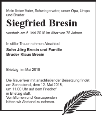 Traueranzeige von Siegfried Bresin von Pasewalker Zeitung