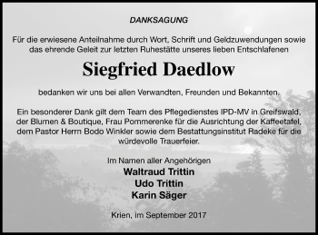 Traueranzeige von Siegfried Daedlow von Vorpommern Kurier