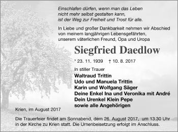 Traueranzeige von Siegfried Daedlow von Vorpommern Kurier