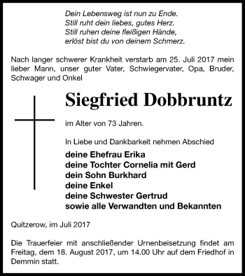 Traueranzeige von Siegfried Dobbruntz von Demminer Zeitung