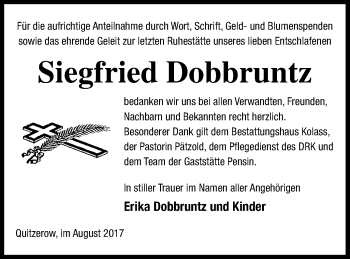 Traueranzeige von Siegfried Dobbruntz von Demminer Zeitung