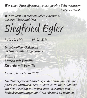 Traueranzeige von Siegfried Egler von Templiner Zeitung