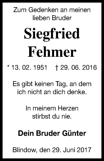 Traueranzeige von Siegfried Fehmer von Prenzlauer Zeitung