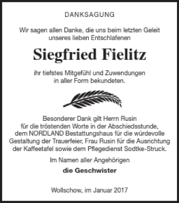 Traueranzeige von Siegfried Fielitz von Pasewalker Zeitung