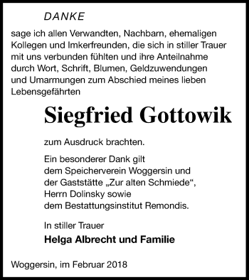 Traueranzeige von Siegfried Gottowik von Neubrandenburger Zeitung