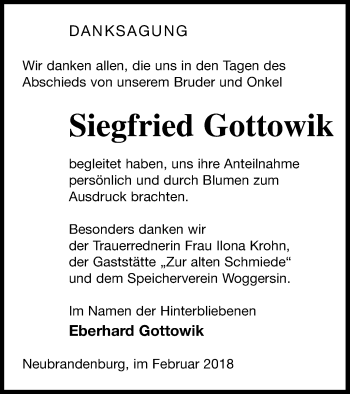 Traueranzeige von Siegfried Gottowik von Neubrandenburger Zeitung