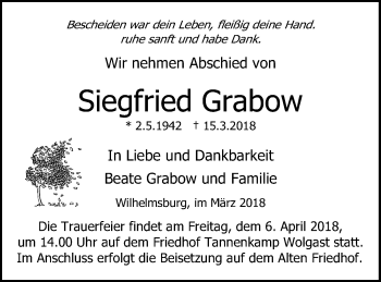 Traueranzeige von Siegfried Grabow von Haff-Zeitung