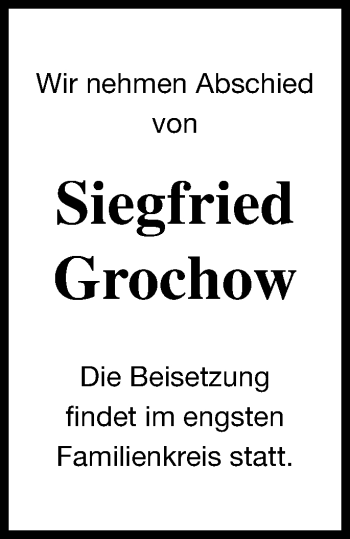 Traueranzeige von Siegfried Grochow von Müritz-Zeitung