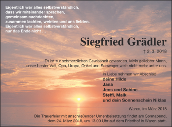 Traueranzeige von Siegfried Grädler von Müritz-Zeitung