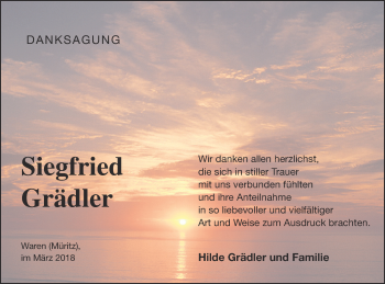 Traueranzeige von Siegfried Grädler von Müritz-Zeitung
